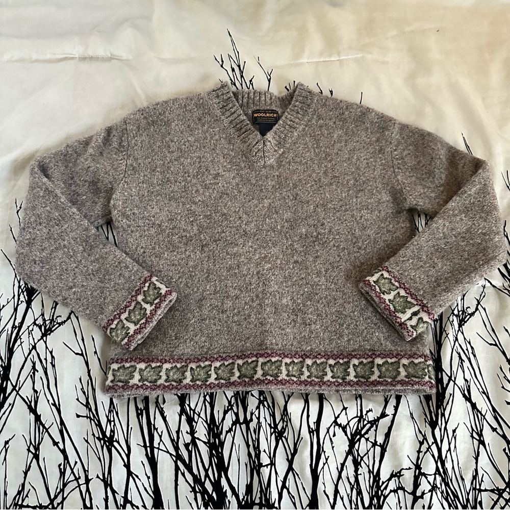 Woolrich Vintage Tumbleweed 100% wool sweater, beige leaf botanical, fits medium